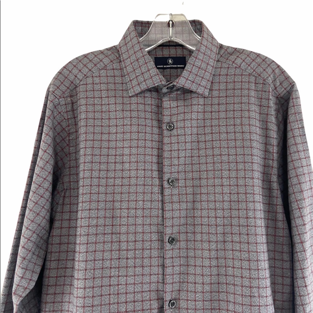 Hart Schaffner Button Down Checked Gray Red Long Sleeve Shirt Men Size Medium - Picture 4 of 10